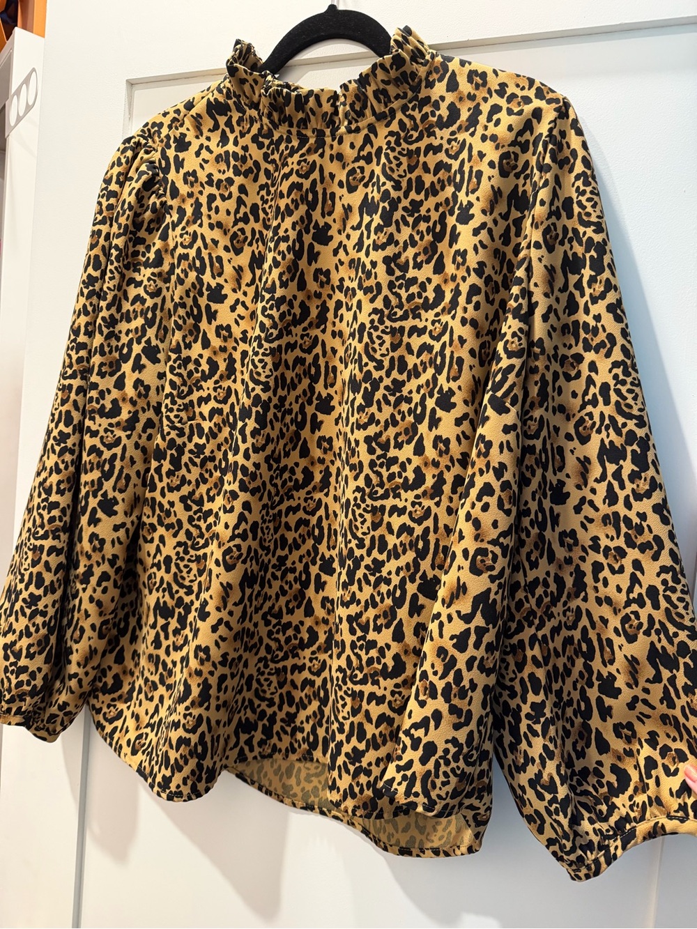 J-Crew-Leopard Print Ruffle Neck Blouse - Black & Tan